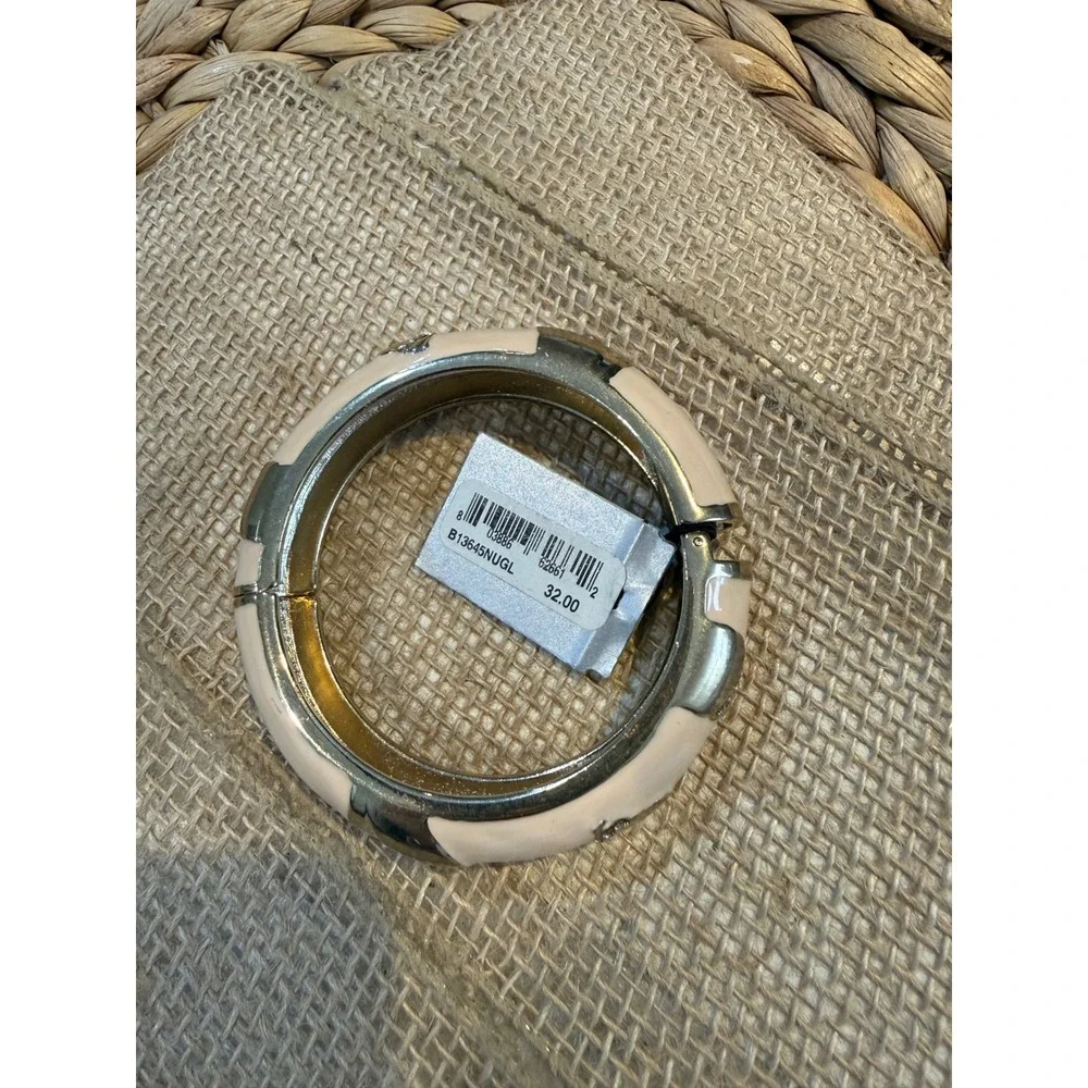 Cream Enamel Shell Clamper Bracelet Silver Tone Crystal Accents Nautical Preppy
